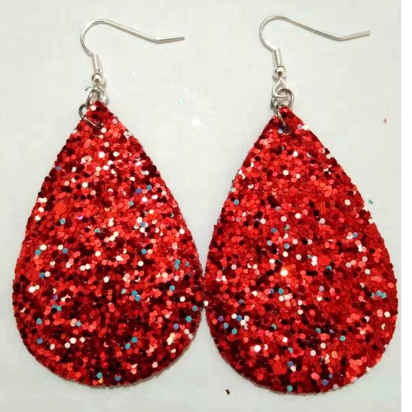 Jewelry - Red Glitter Tear Drop Earrings